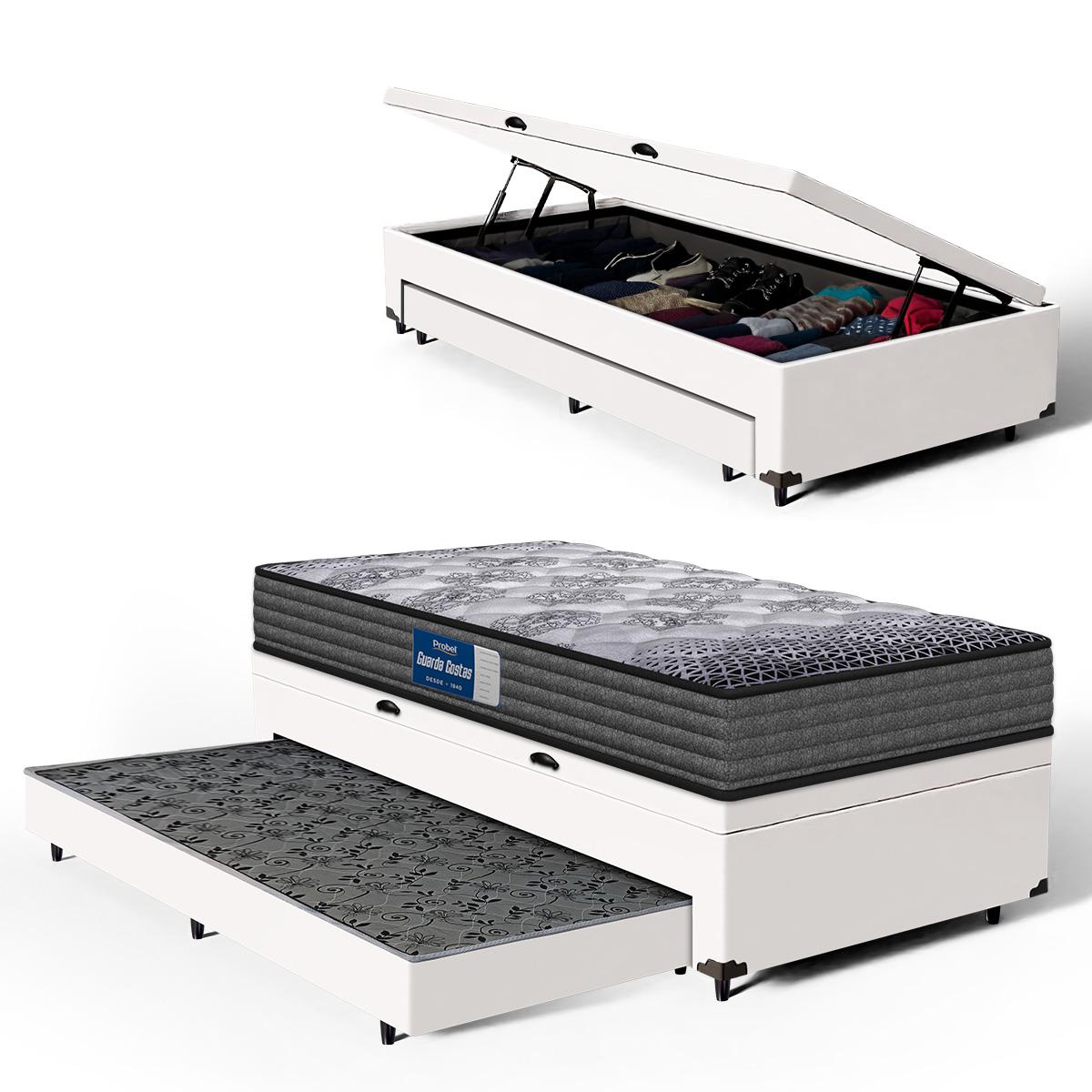 Cama Box Baú Com Colchão De Espuma D60 Double Face Guarda Costas Comfort Force Probel + Auxiliar Solteiro 88cm