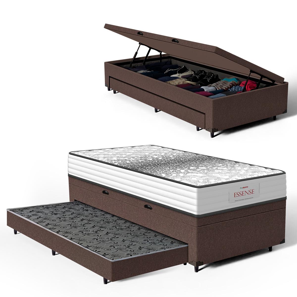 Cama Box Baú Com Colchão De Molas Ensacadas Double Face Essence Probel + Auxiliar Solteiro 88cm