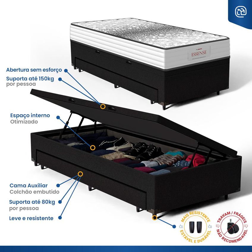Cama Box Baú Com Colchão De Molas Ensacadas Double Face Essence Probel + Auxiliar Solteiro 88cm - imagem 5
