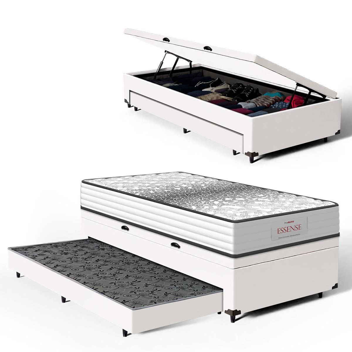 Cama Box Baú Com Colchão De Molas Ensacadas Double Face Essence Probel + Auxiliar Solteiro 88cm