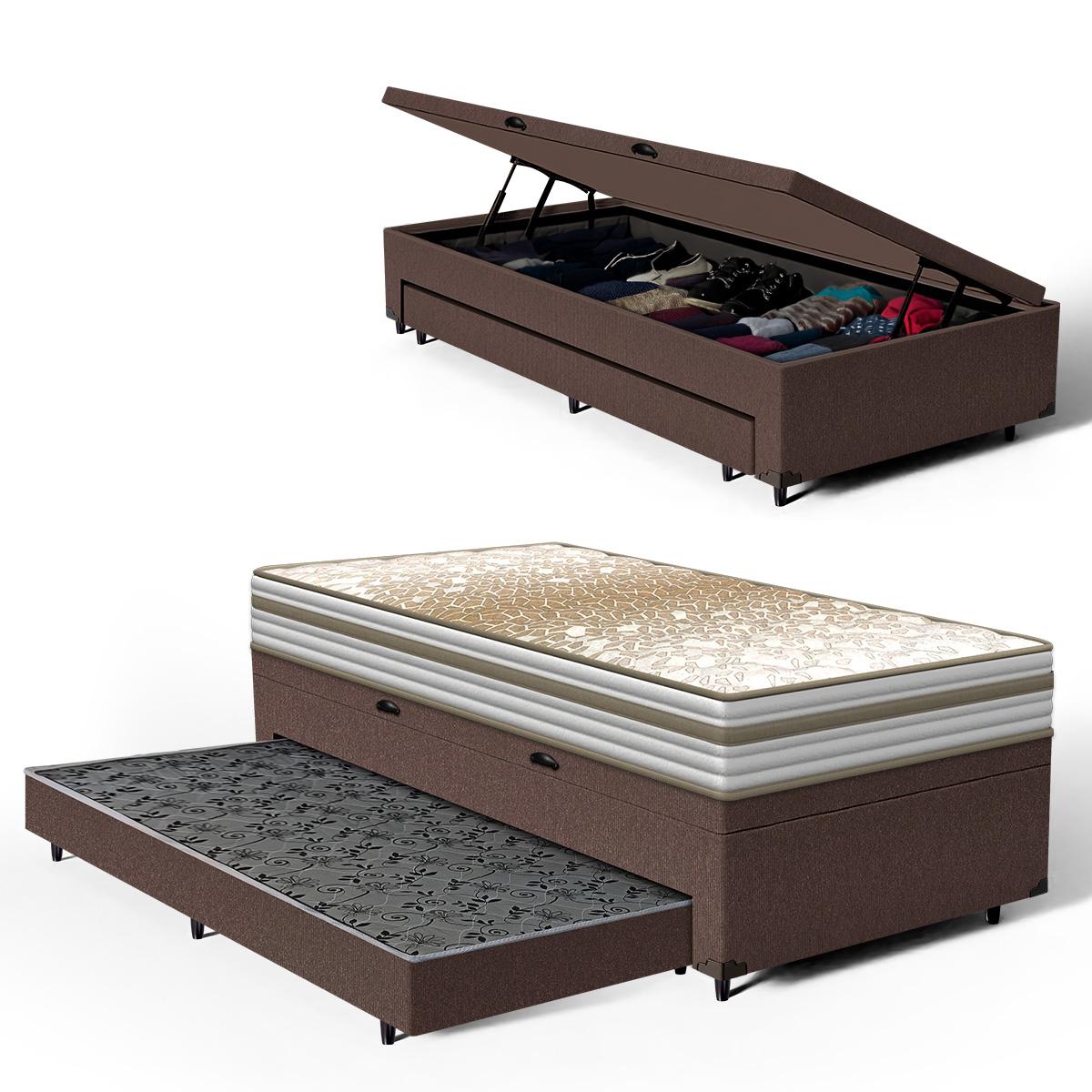 Cama Box Baú Com Colchão De Molas Ensacadas Double Face Pillow Euro Alfa Probel + Auxiliar Solteiro 88cm