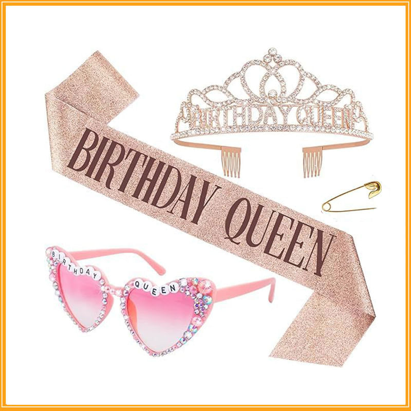 Conjunto Birthday Queen Com Óculos De Coração, Coroa E Faixa
