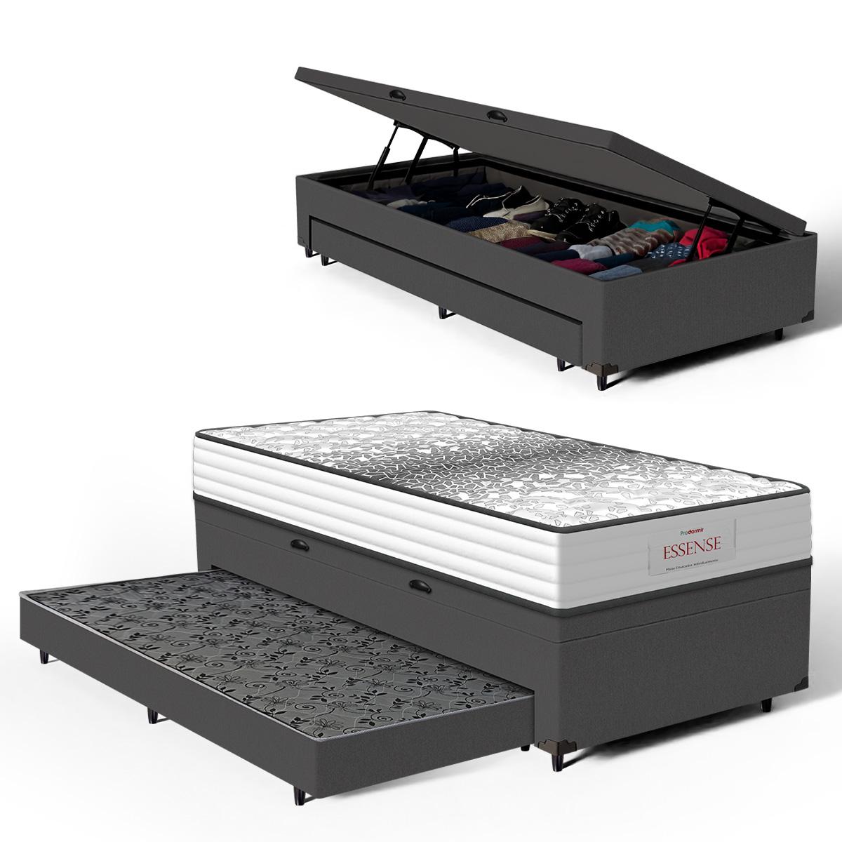 Cama Box Baú Com Colchão De Molas Ensacadas Double Face Essence Probel + Auxiliar Solteiro 88cm