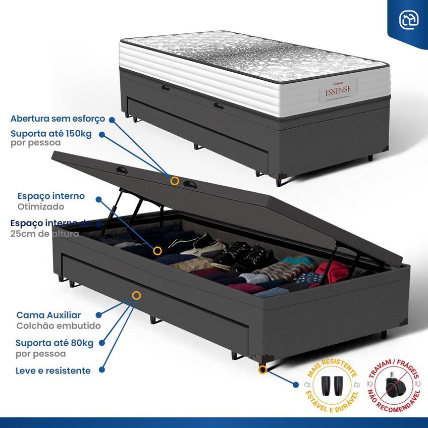 Cama Box Baú Com Colchão De Molas Ensacadas Double Face Essence Probel + Auxiliar Solteiro 88cm - imagem 5