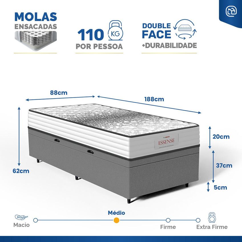 Cama Box Baú Com Colchão De Molas Ensacadas Double Face Essence Probel Solteiro 88cm - imagem 3