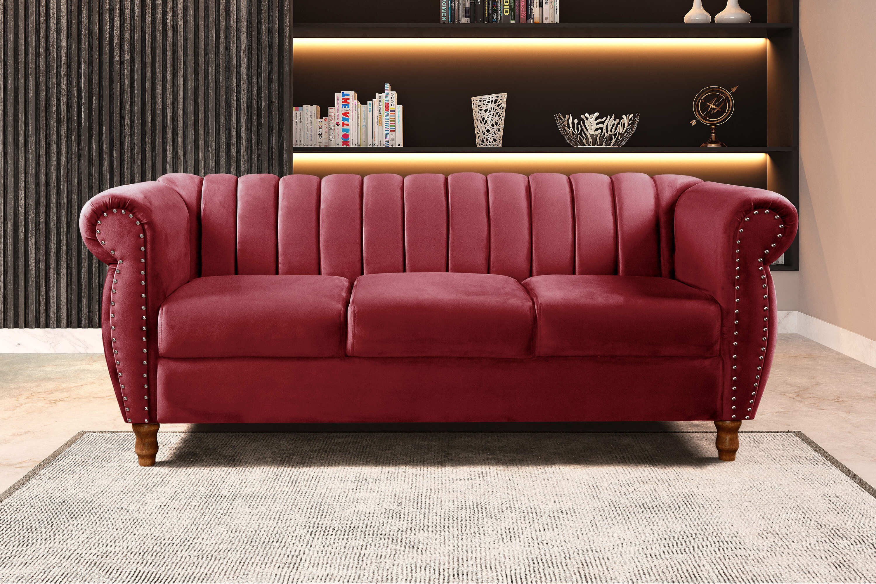 Sofá Chesterfield Realeza 3 Lugares Decoração Retrô Bordô