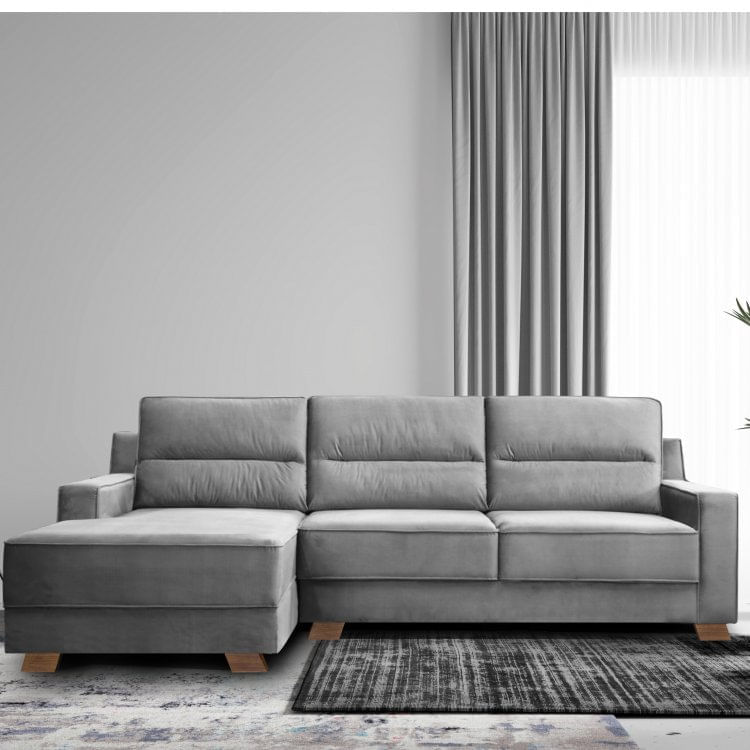 Sofá 3 Lugares com Chaise 249cm Delphos Gralha Azul Veludo Cinza