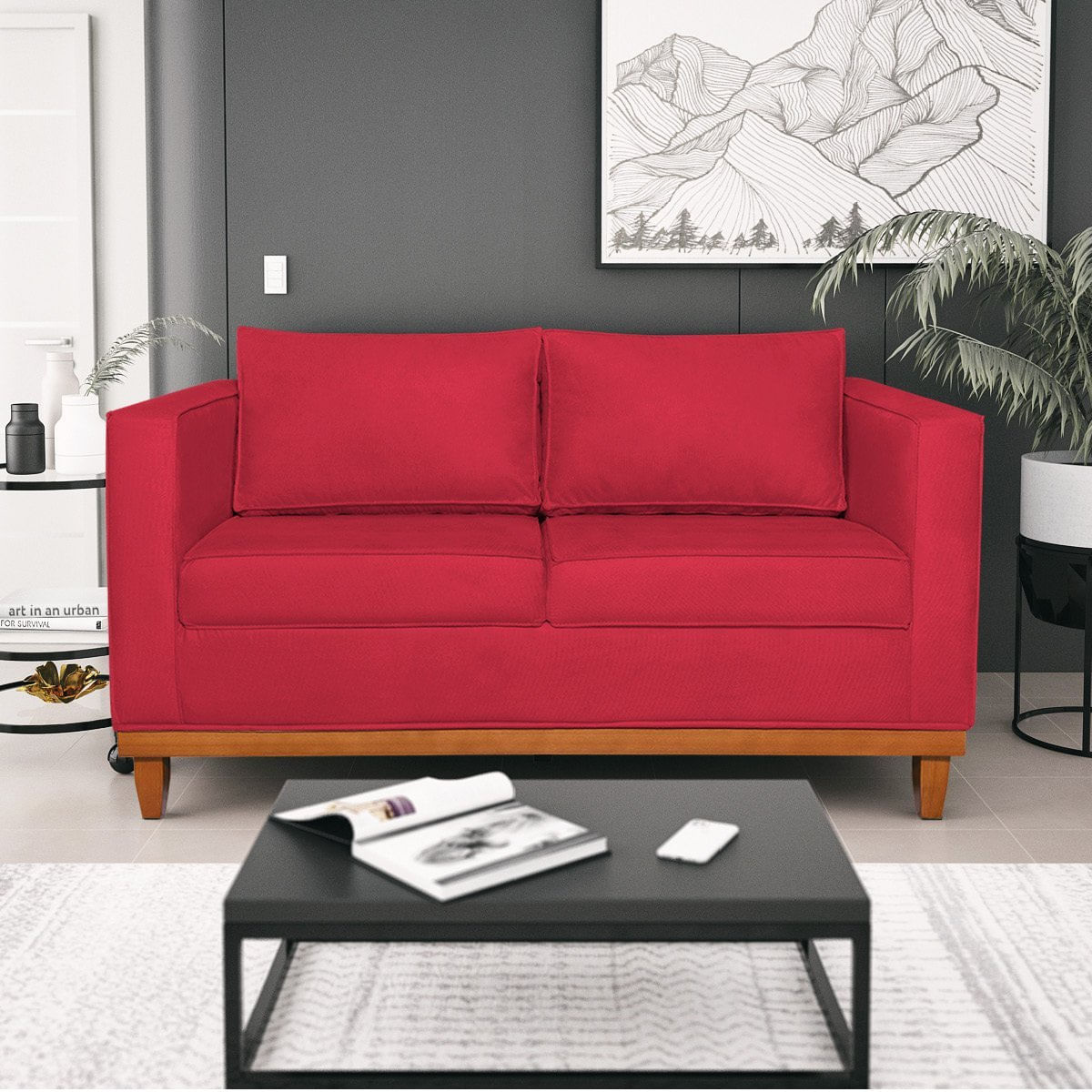 Sofá 2 Lugares 140cm Suede Esper Maranata Estofados Vermelho