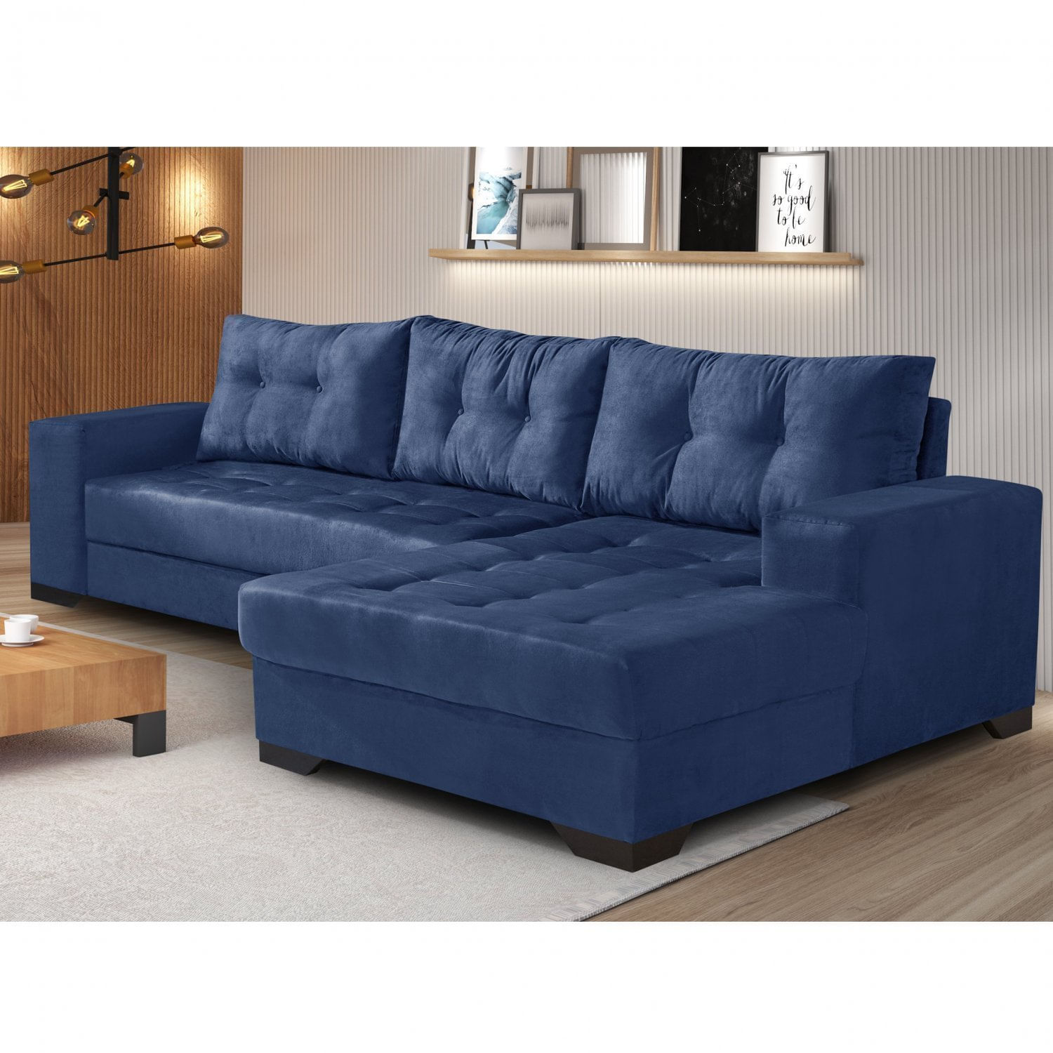 Sofá 3 Lugares Com Chaise Bia Império Estofados Azul Marinho