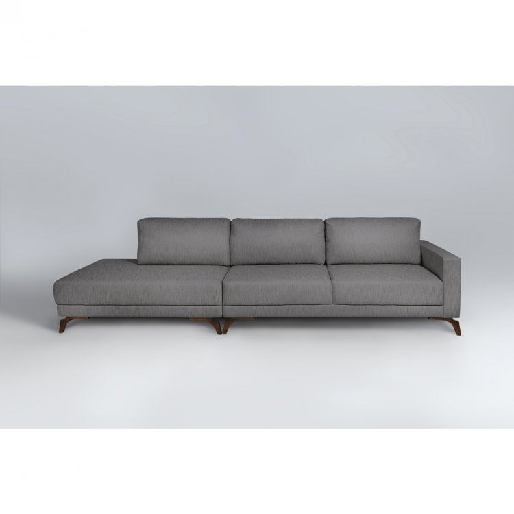 Sofá 2 Lugares 337cm com Chaise Pés em Imbuia Veludo Sofani Cinza/Imbuia
