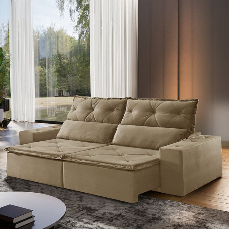 Sofá 4 Lugares Retrátil e Reclinável 210cm Jundiaí Estofados Teixeira Suede King Bege