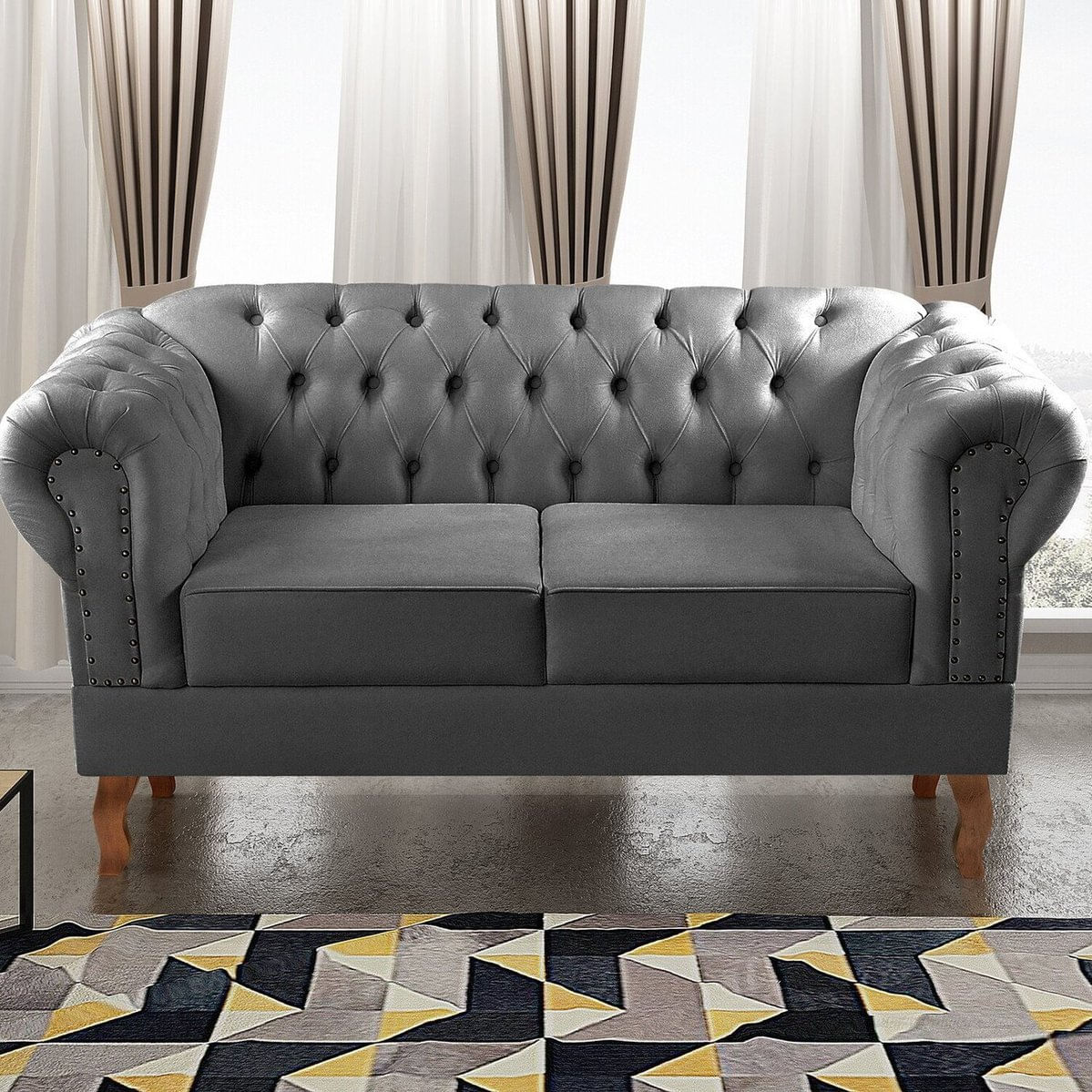 Sofá 2 Lugares Decoração Sara Recepção Dom Pedro Chesterfield Cinza Grafite