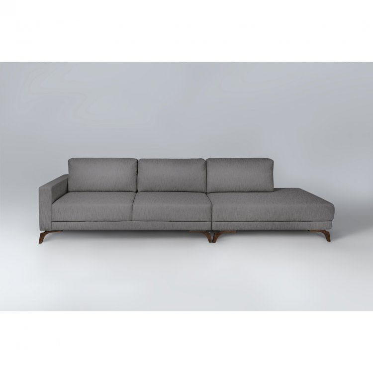 Sofá 2 Lugares 337cm com Chaise Pés em Imbuia Veludo Sofani Cinza/Imbuia