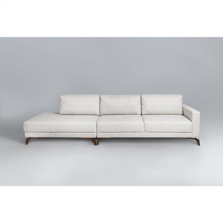 Sofá 2 Lugares 337cm com Chaise Pés em Imbuia Veludo Sofani Bege/Imbuia