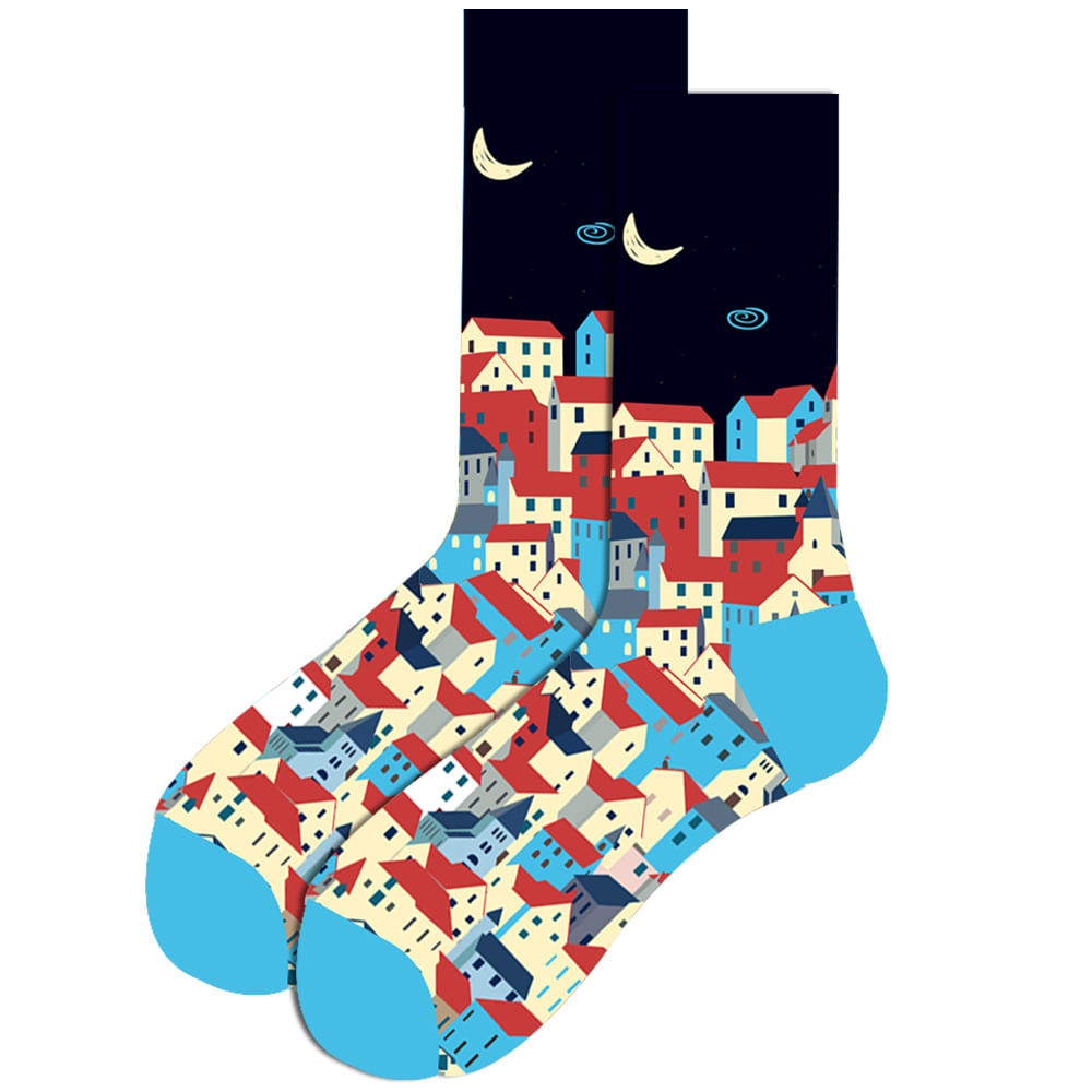 Meias Redondas Com Padrão De Paisagem Urbana Colorido De Algodão Para Adultos