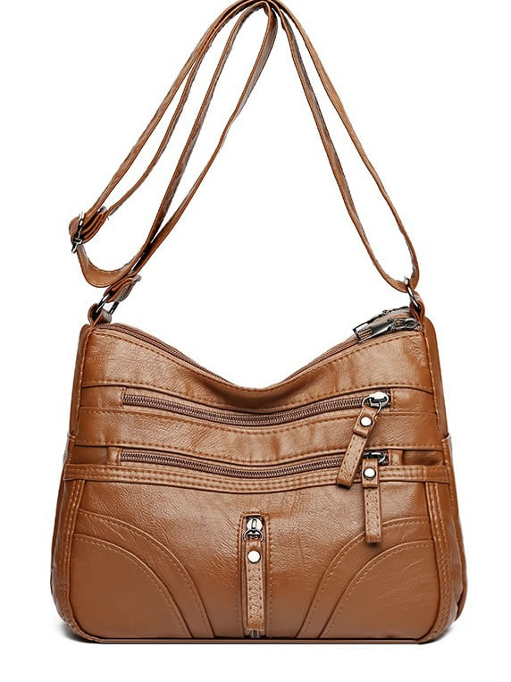 Bolsa De Ombro Feminina De Couro Pu Com Vários Zíper Marrom 26x9x17cm