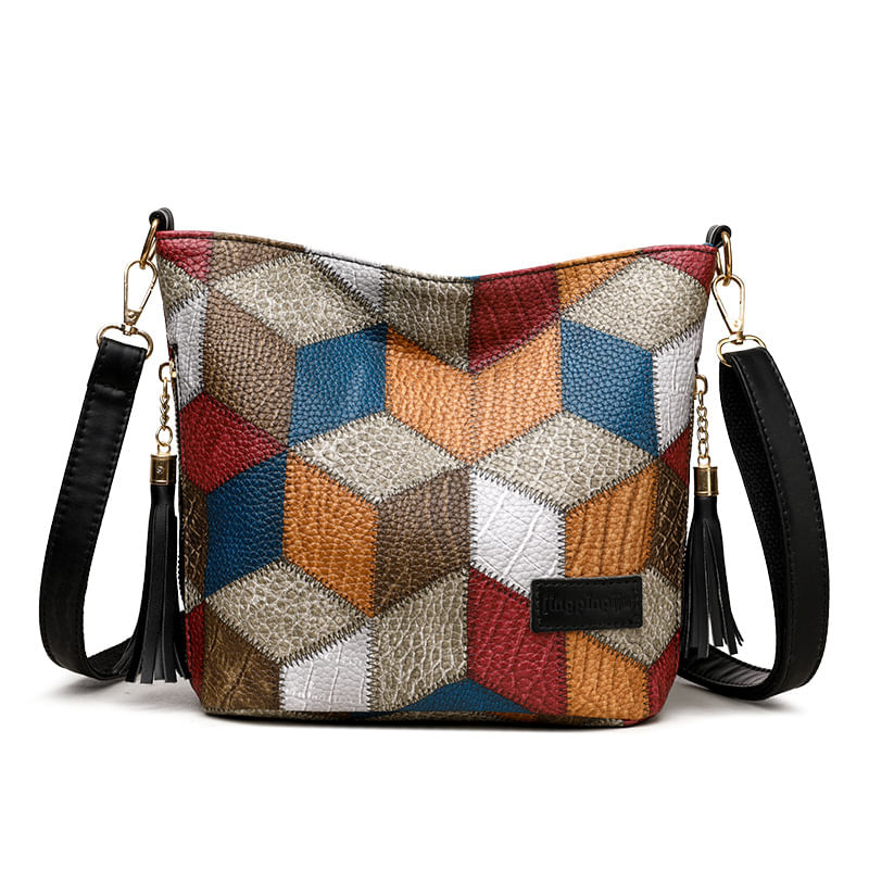 Bolsa De Ombro Feminina Retrô Patchwork Em Couro Pu 21x9x21cm