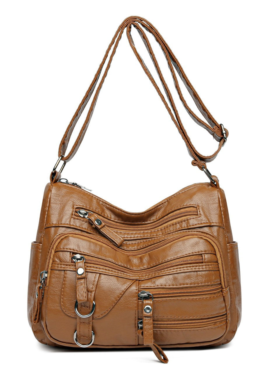 Bolsa Tiracolo Feminina De Couro Poliuretano Lavado Macio Com Vários Zíperes