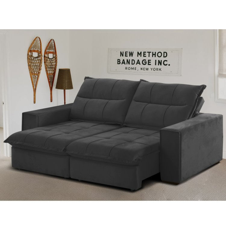 Sofá Retrátil e Reclinável 3 Lugares 204cm Campus Gralha Azul Veludo Liso Preto