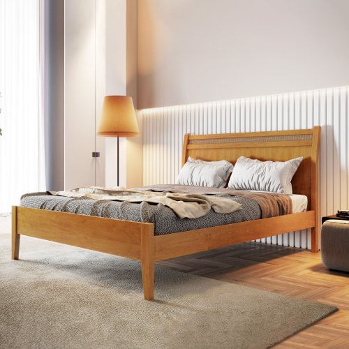 Cama Casal 140cm Madeira Maciça Ratan Esmeralda Josandro Amêndoa Mel