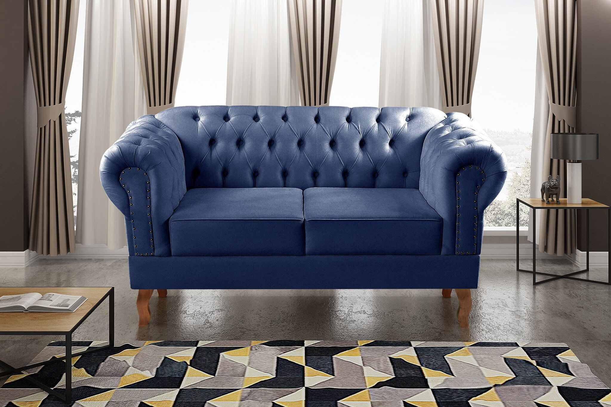 Sofá 2 Lugares Decoração Sara Recepção Dom Pedro Chesterfield Azul Marinho