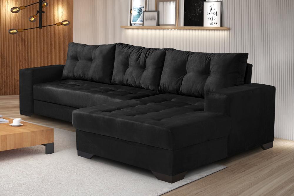 Sofá 3 Lugares com Chaise Bia Império Estofados Preto
