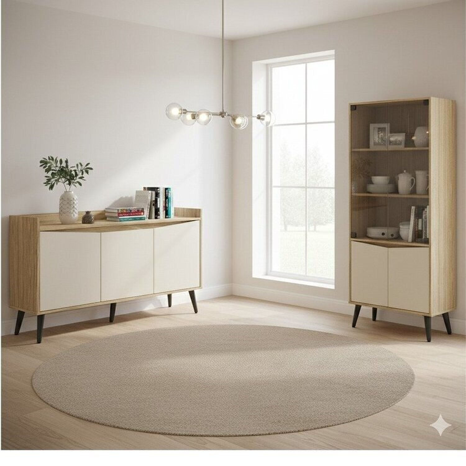 Conjunto Buffet Aparador 130cm + Cristaleira Amendoa / Off White Amendoa / Off White