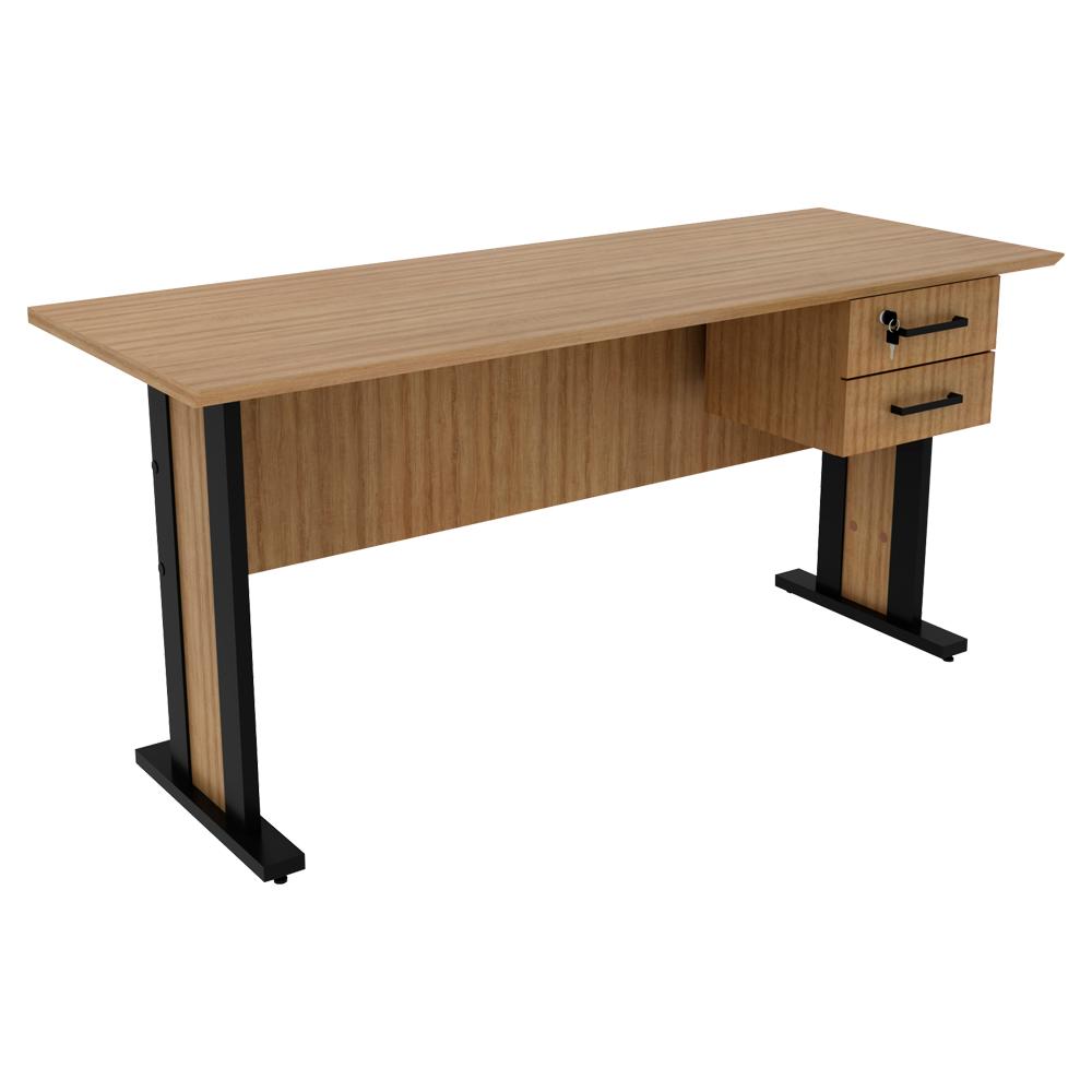 Mesa De Escritorio 2 Gavetas E Chave 160 Cm Me4193 Amendoa Preto Tecno Mobili