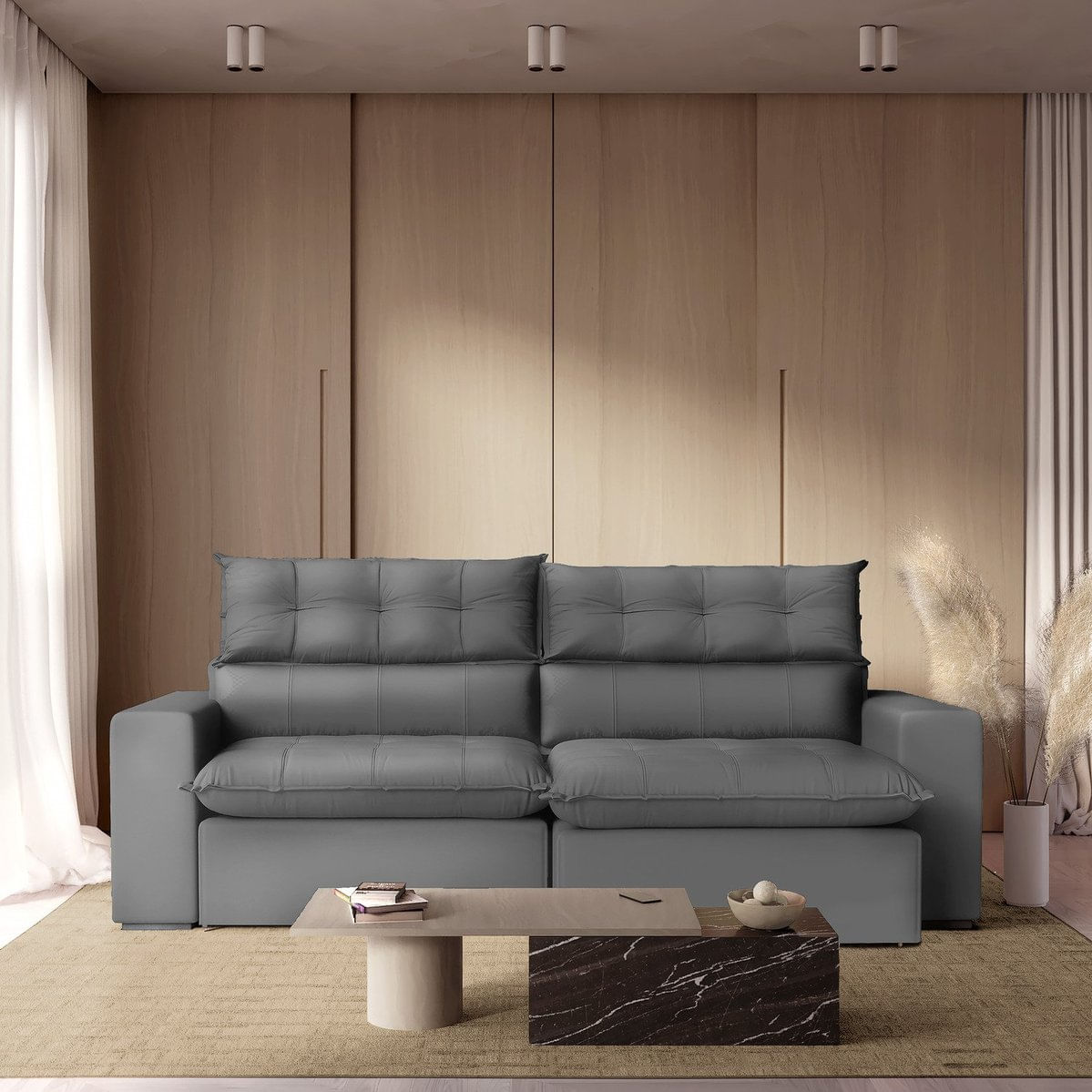 Sofá 190 Cm Retrátil E Reclinável Molas Ensacadas Cinza