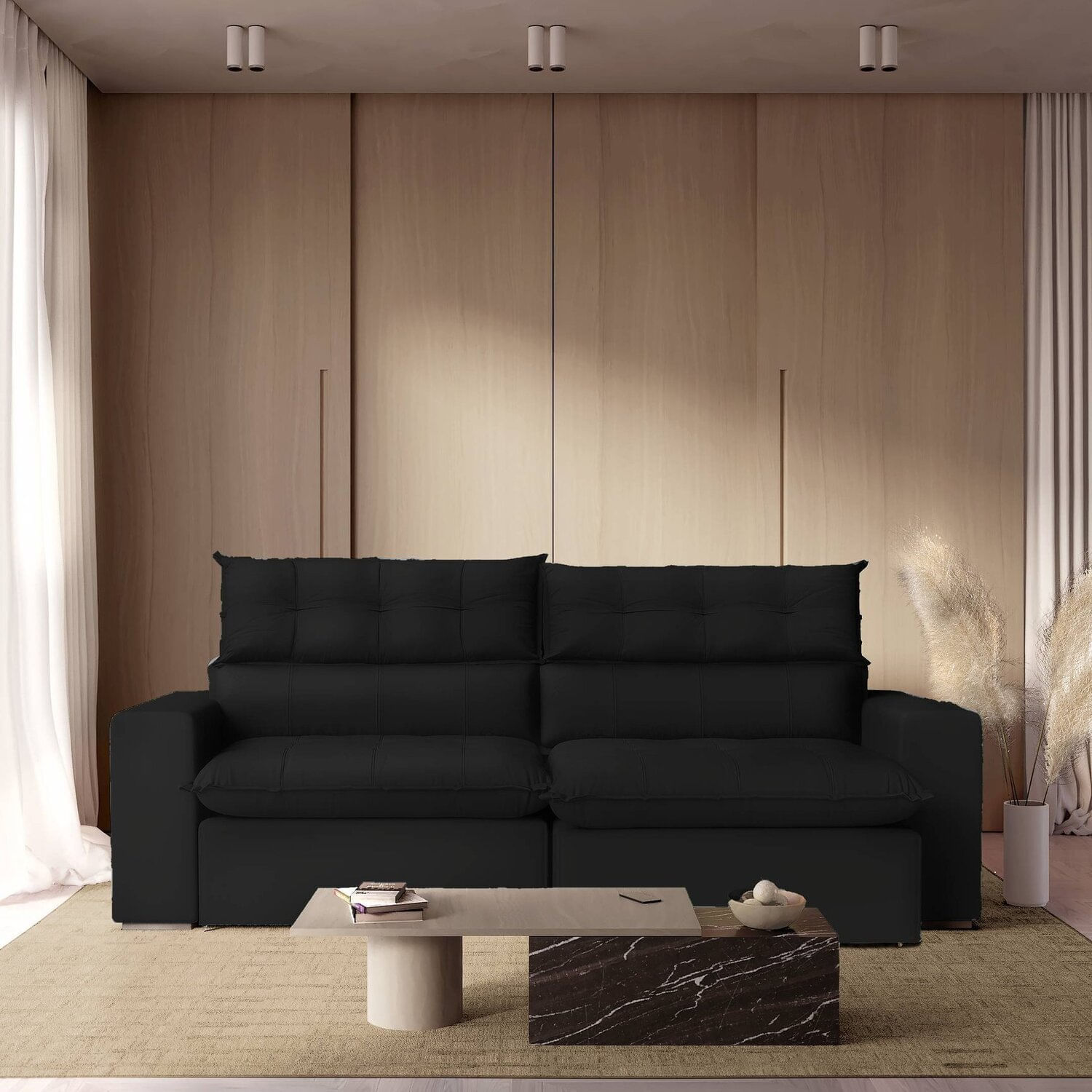 Sofá 290 Cm Retrátil E Reclinável Molas Ensacadas Preto