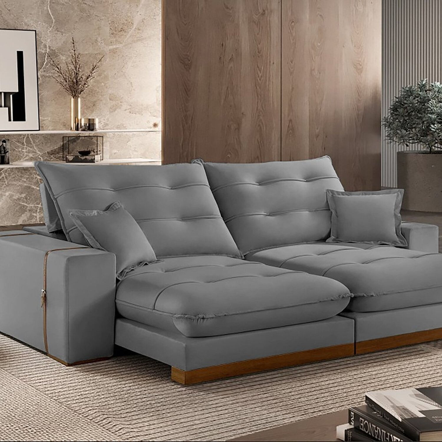 Sofá 210cm Retrátil E Reclinável Fazzio Com Molas Ensacadas 2 Lugares Grafite