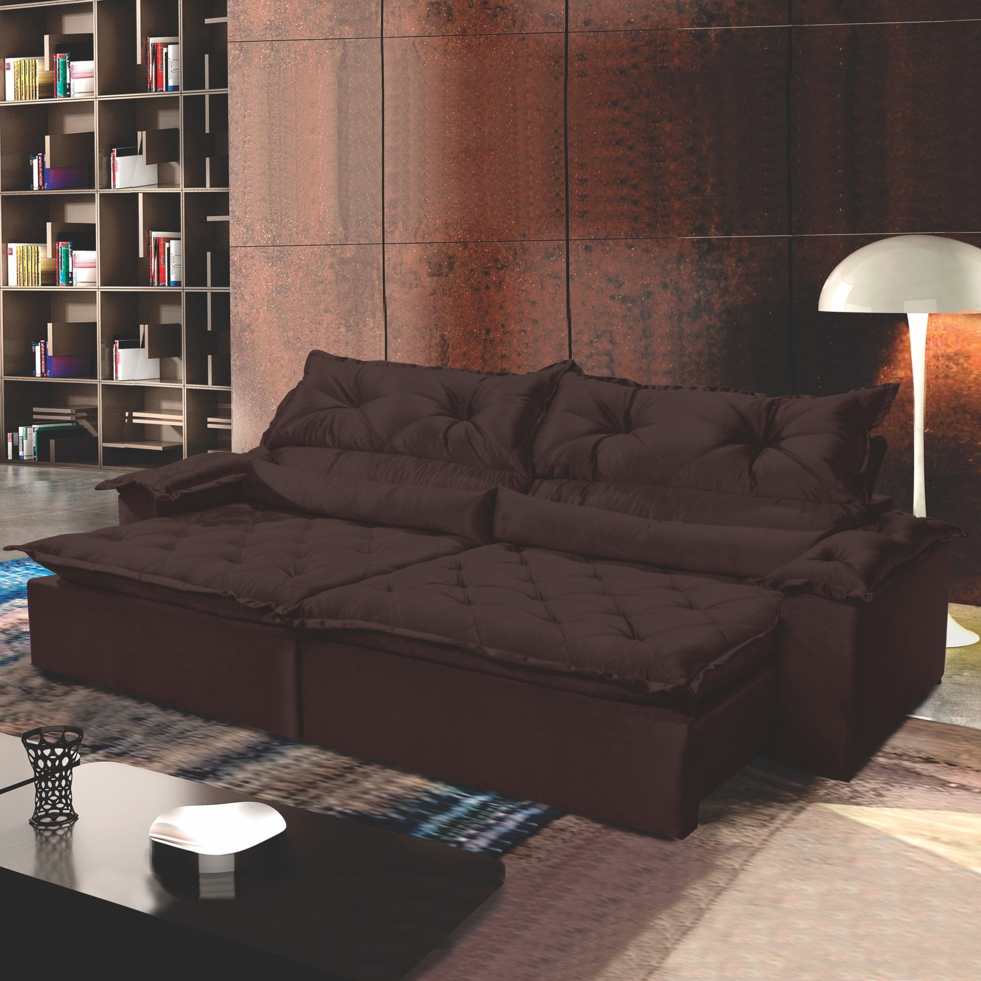 Sofá Retrátil e Reclinável 3 Lugares 250cm Espuma D28 Agatha Montano Estofados Veludo Marrom