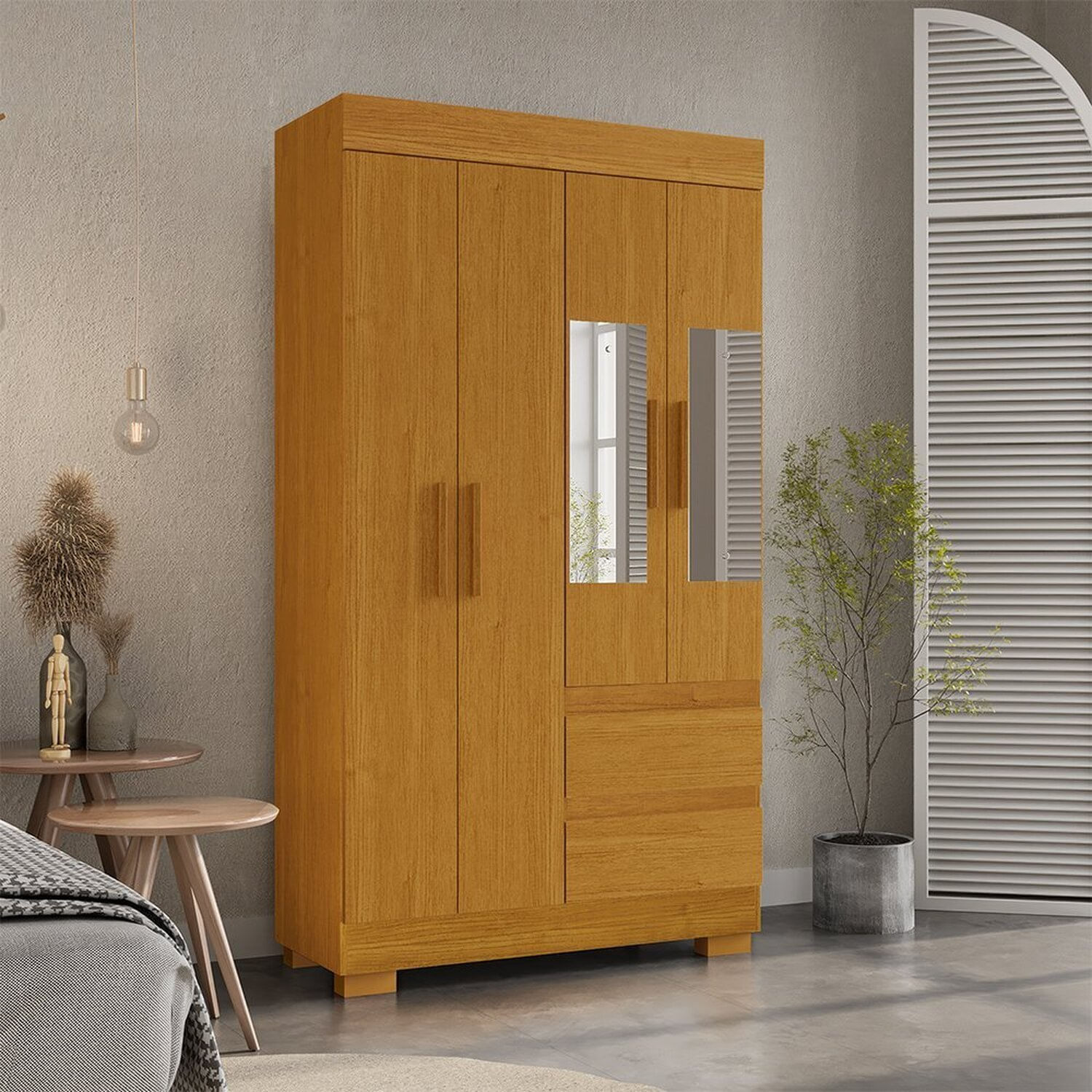Guarda-roupa Solteiro 99,80cm 4 Portas Com Espelho E 2 Gavetas Chantrieri Espresso Móveis Cinamomo