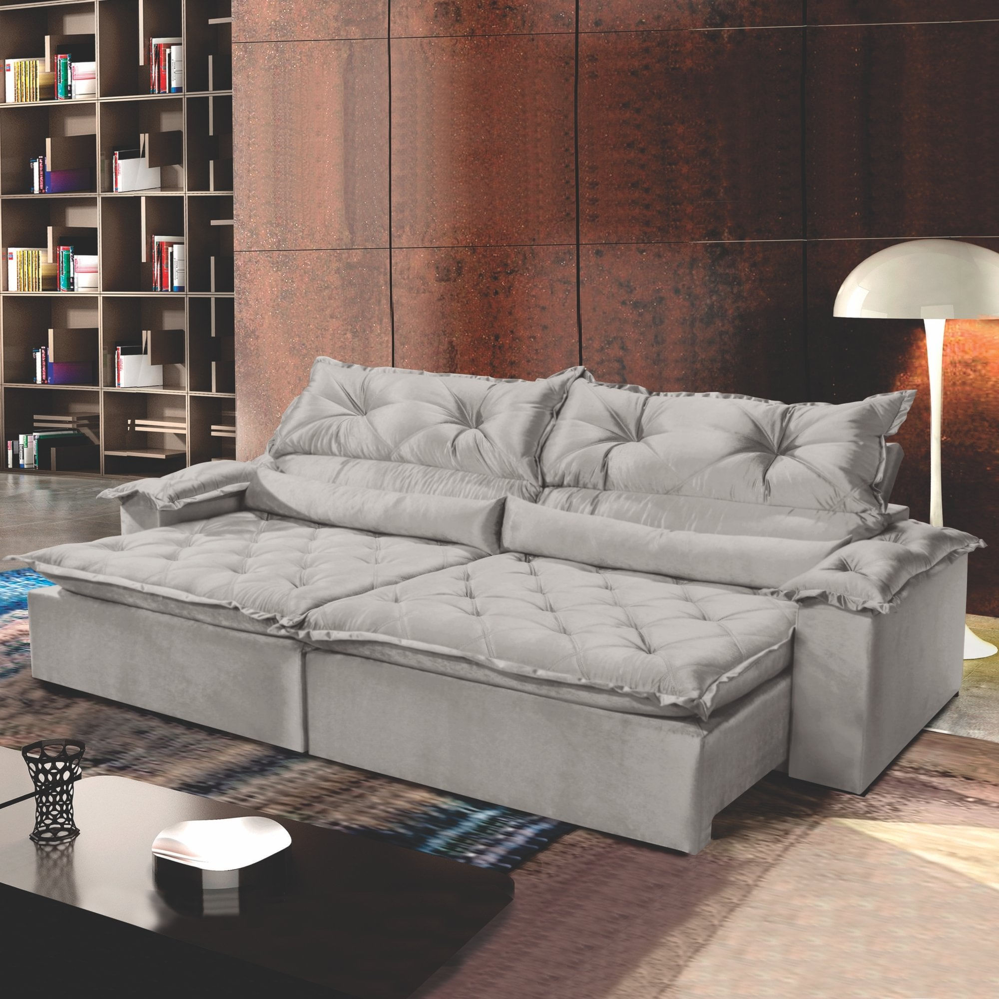 Sofá Retrátil e Reclinável 3 Lugares 250cm Espuma D28 Agatha Montano Estofados Veludo Cinza