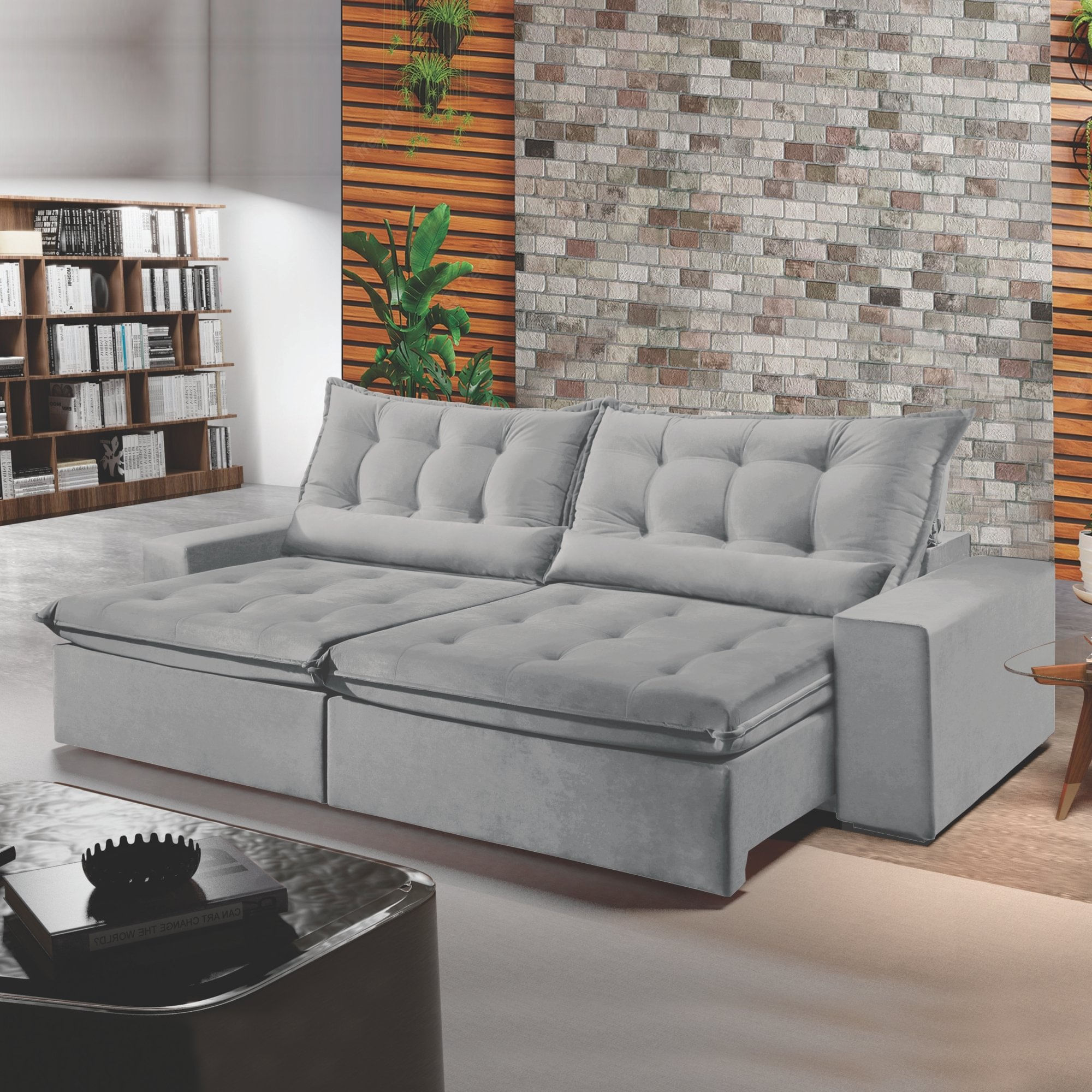 Sofá Retrátil E Reclinável 3 Lugares 210cm Bérgamo Montano Estofados Veludo Cinza