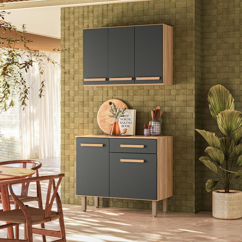 Armário Aéreo E Balcão Para Cozinha Lemon Freijó/Chumbo Nicioli