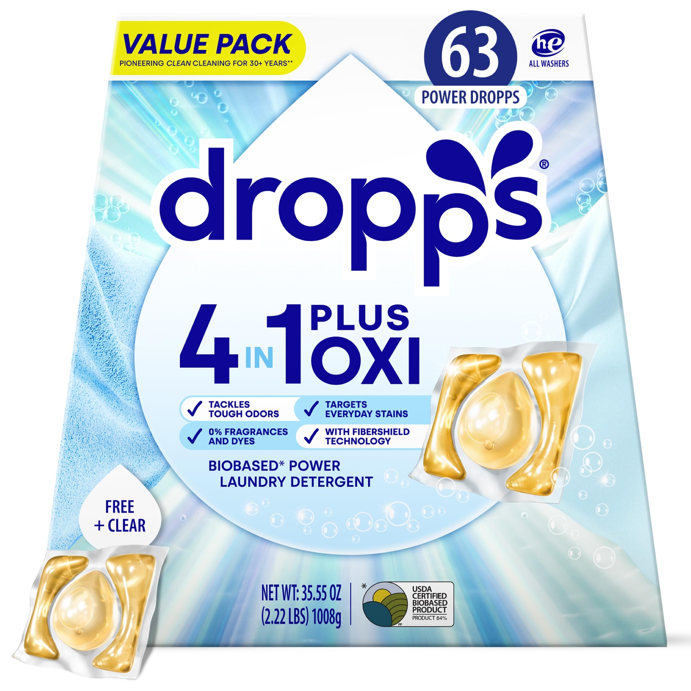 Detergente Para Ropa Dropps 4 En 1 Plus Oxi Sin Fragancia 63