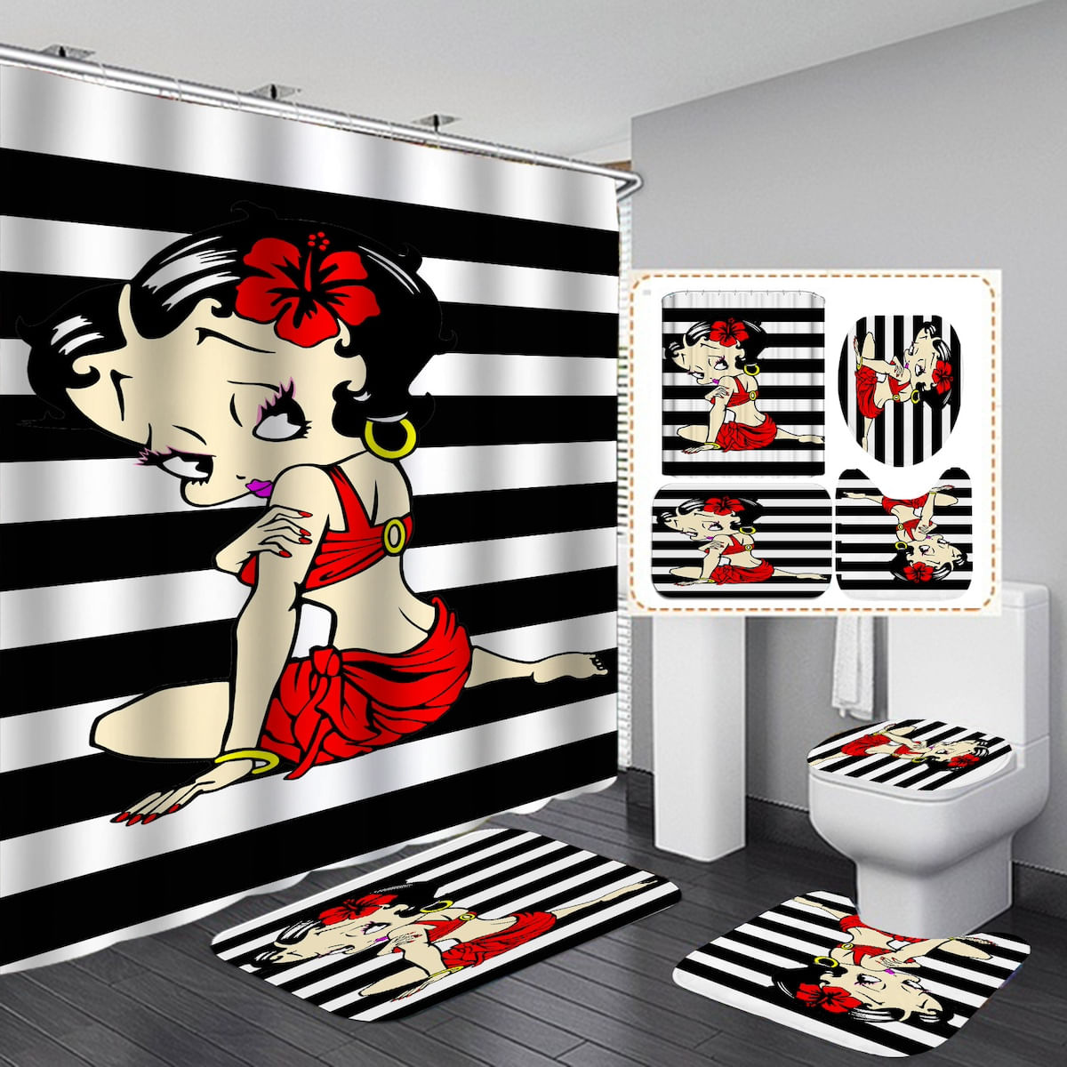 Conjunto De Cortinas De Chuveiro Bettys Boops Anime Waterproof 4 Unidades