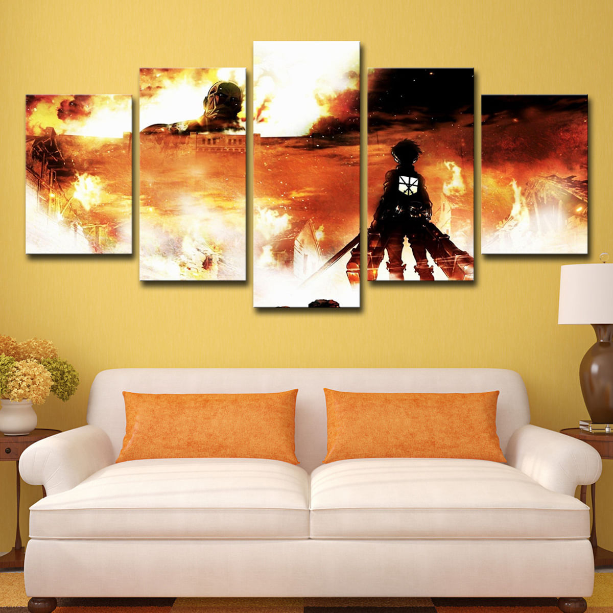 Arte De Parede Em Tela 5 Painéis Attacks On Titans Levis Ackermans