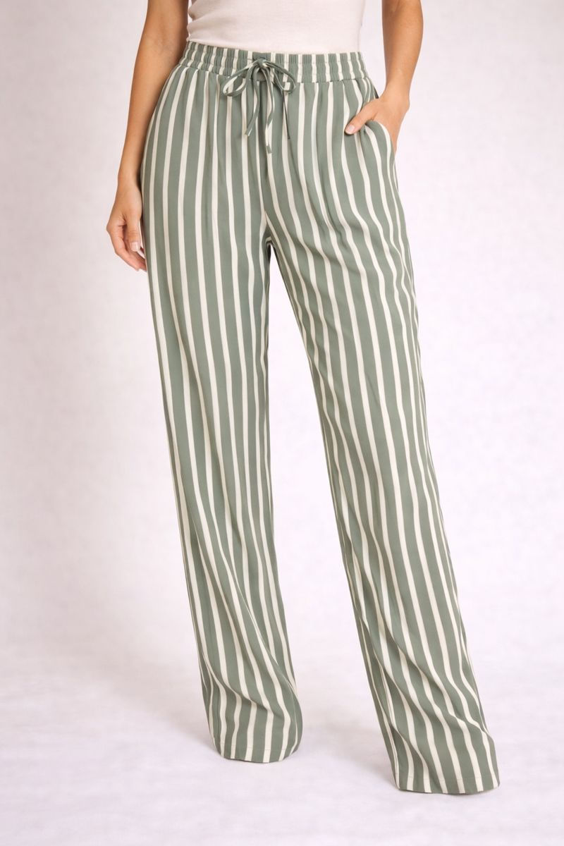 Calça Pantalona Feminina Estampada Listrada Com Cós Elástico E Amarração Frontal