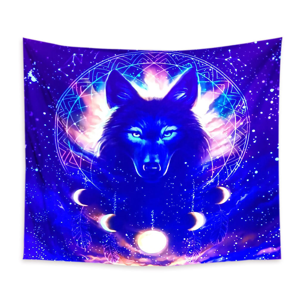 Tapeçaria Fluorescente Dark Wolf King, Microtecido 150x150cm