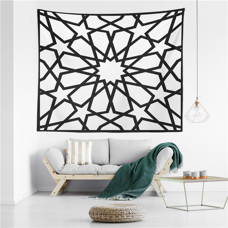 Tapeçaria Em Preto E Branco, Geometria, Flor, 150x100cm, Microtecido