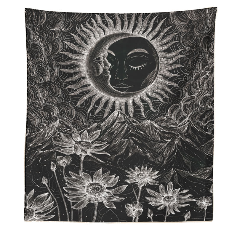 Tapeçaria Em Preto E Branco, Abstrato, Sol, 150x100cm, Microtecido