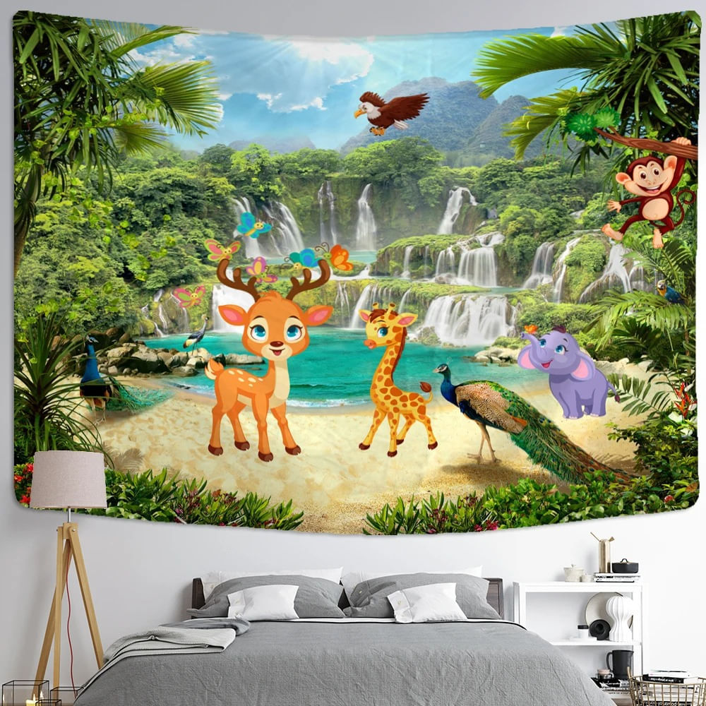 Tapeçaria Animal Forest Cartoon Deer 150x100cm De Fibra De Poliéster