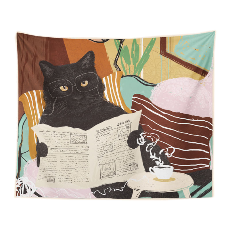 Tapeçaria: Gato Lendo Jornal, Parede, 150x100cm, Microtecido