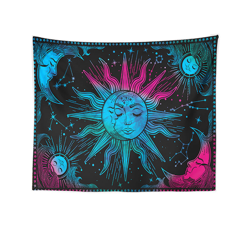 Tapeçaria De Parede Colorida: Sol, Lua, Rosto Humano, 150x100cm