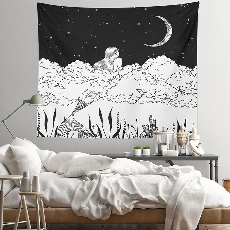 Tapeçaria De Parede Sereias Olhando Para A Lua 150x100cm