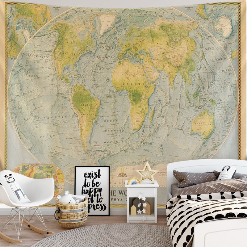 Tapeçaria World Map Microtecido Para Pendurar Na Parede 130x100cm