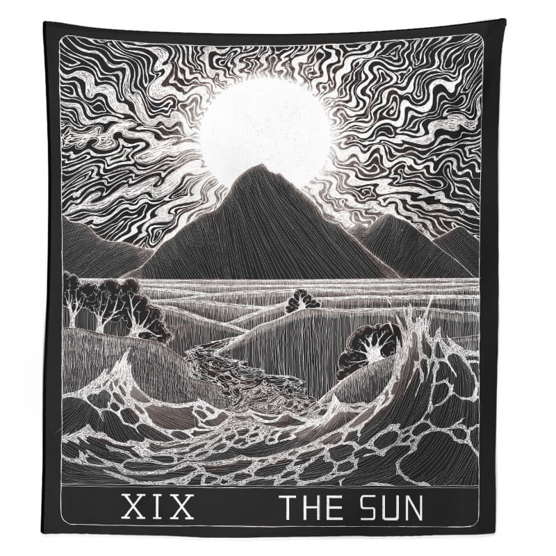 Tapeçaria Sun Mountain Em Preto E Branco, 150x100cm, Microtecido