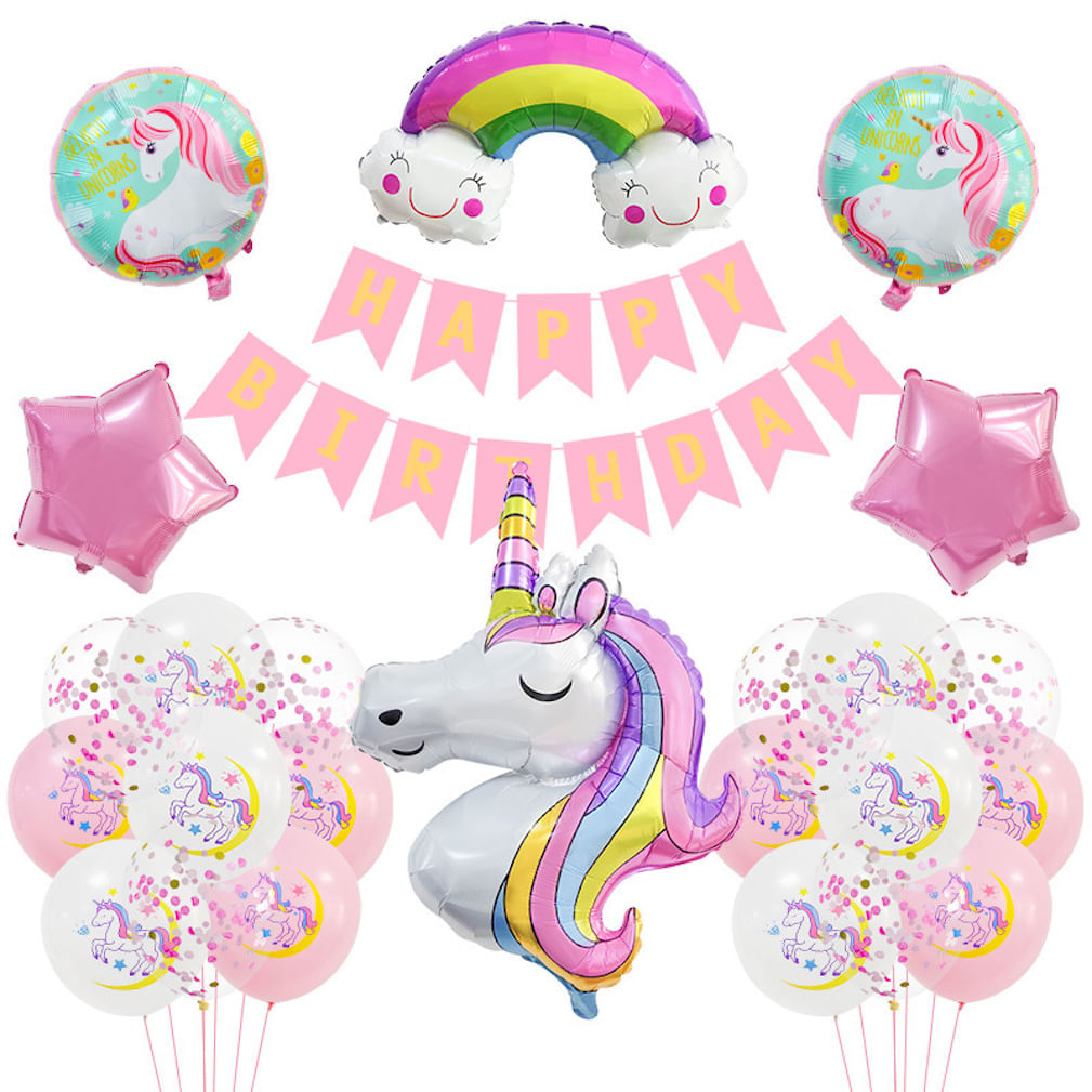 Kit De Balões Unicorn Rainbow Latex Foil Confetti 25 Unidades